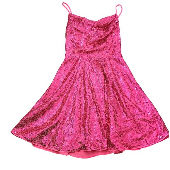 Hot Pink Spaghetti Strap Sequin Glitter Short Dress Backless Lace Up Medium M - Picture 1 of 5